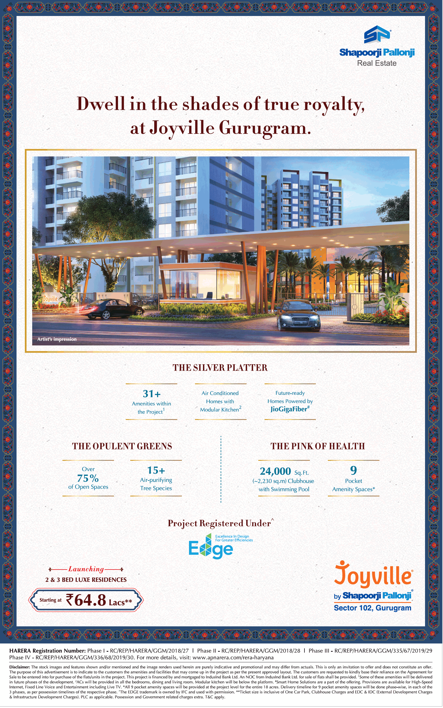 Shapoorji Pallonji Joyville Launching 2 and 3 bed luxe residences starting at Rs 64.8 Lac in Gurgaon Update